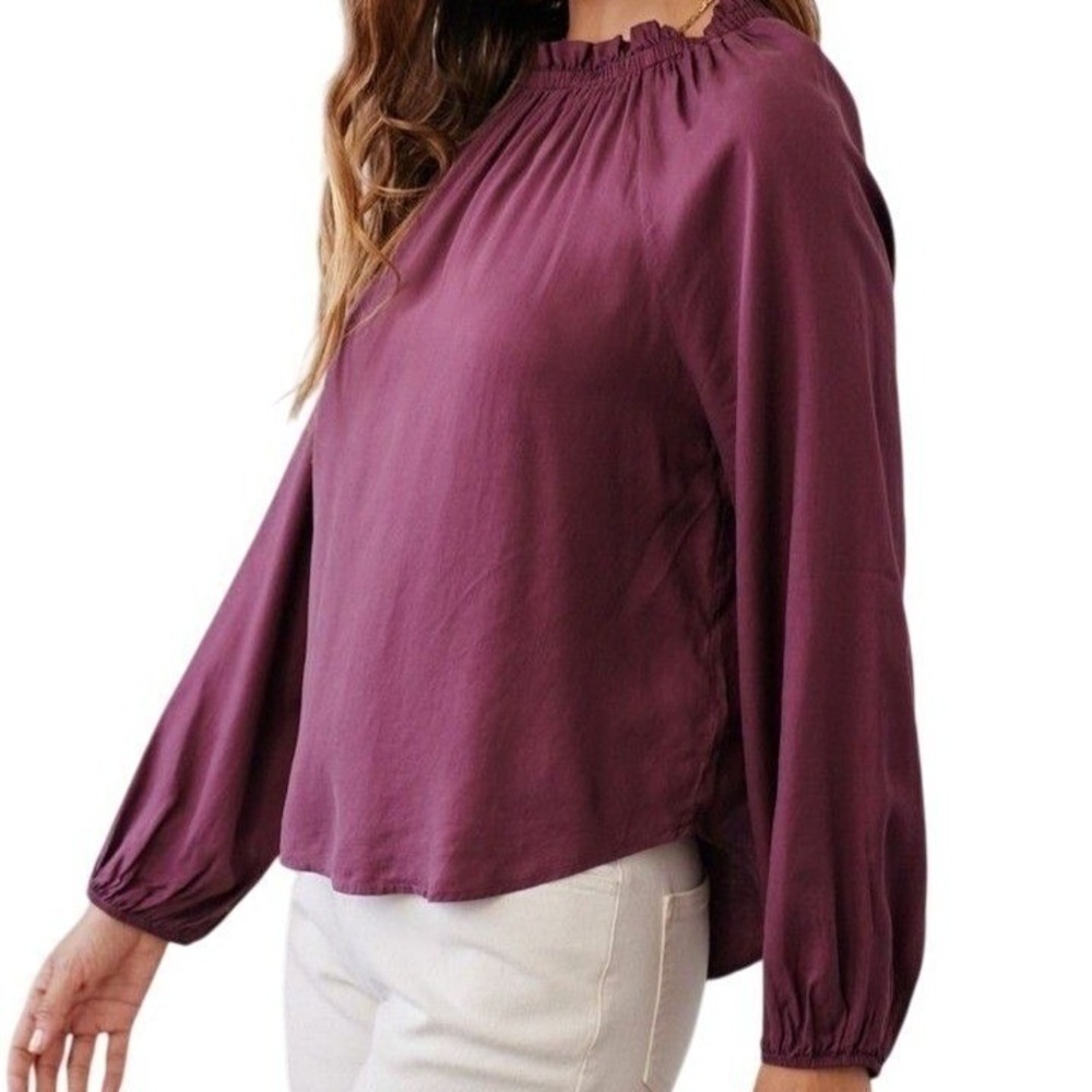Bella Dahl Blouse Women S Shirred Neck Wine Peasant Top Cupro Rayon Fairy Chic